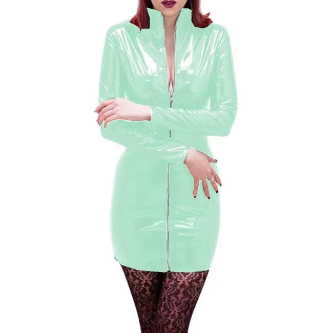 Glossy PVC Leather Stand Collar Sexy Long Sleeve Pencil Mini Dress Front Zipper Slim Fit Dress Party Clubwear High Street S-7XL
