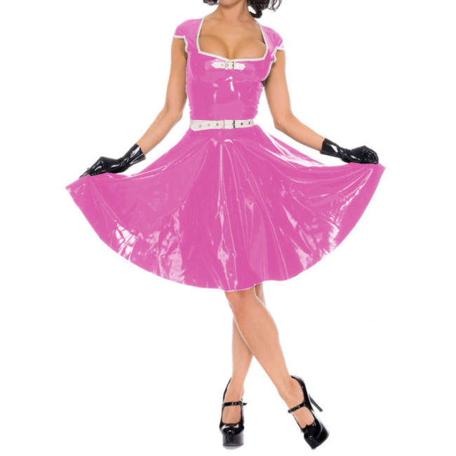 Women Short Sleeve Mini Dresses Sexy Wetlook PVC Leather Faux Latex Square Neck Pleated Dress Party Clubwear High Streetwear 7XL