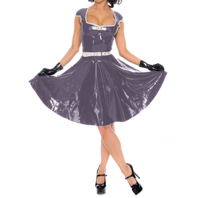 Women Short Sleeve Mini Dresses Sexy Wetlook PVC Leather Faux Latex Square Neck Pleated Dress Party Clubwear High Streetwear 7XL