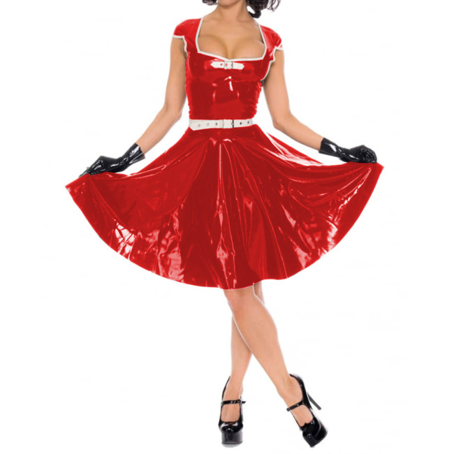 Women Short Sleeve Mini Dresses Sexy Wetlook PVC Leather Faux Latex Square Neck Pleated Dress Party Clubwear High Streetwear 7XL