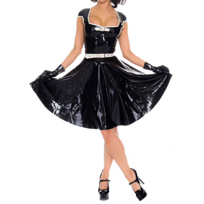 Women Short Sleeve Mini Dresses Sexy Wetlook PVC Leather Faux Latex Square Neck Pleated Dress Party Clubwear High Streetwear 7XL