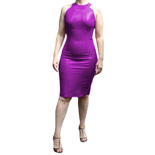 Elegant Wetlook PVC Leather Sexy Round Neck Sleeveless Bodycon Dress Sheath Back Zipper Dress Party Clubwear High Street Outfits