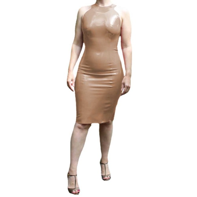 Elegant Wetlook PVC Leather Sexy Round Neck Sleeveless Bodycon Dress Sheath Back Zipper Dress Party Clubwear High Street Outfits