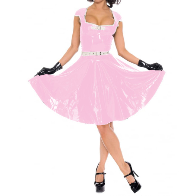 Women Short Sleeve Mini Dresses Sexy Wetlook PVC Leather Faux Latex Square Neck Pleated Dress Party Clubwear High Streetwear 7XL