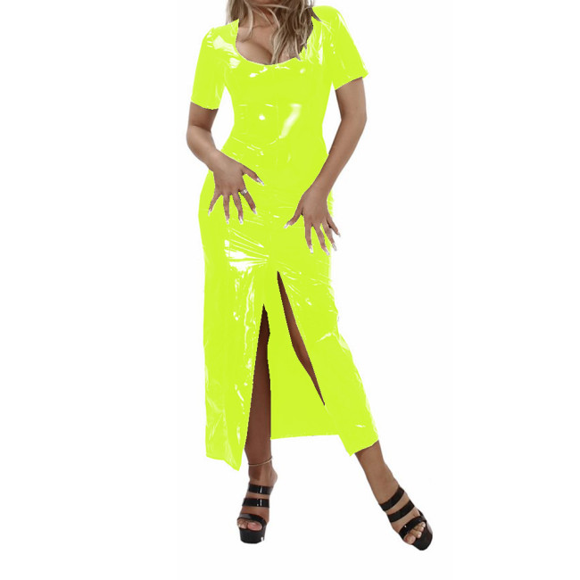 Sexy Short Sleeve Scoop Neck Sheath Ankle-length Dress Wetlook PVC Faux Latex Front Zipper Split Long Dress Streetwear Evening