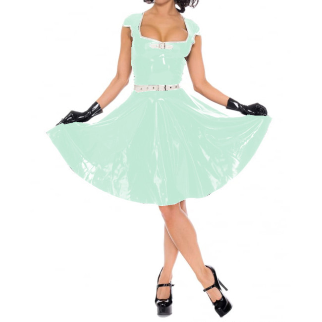 Women Short Sleeve Mini Dresses Sexy Wetlook PVC Leather Faux Latex Square Neck Pleated Dress Party Clubwear High Streetwear 7XL