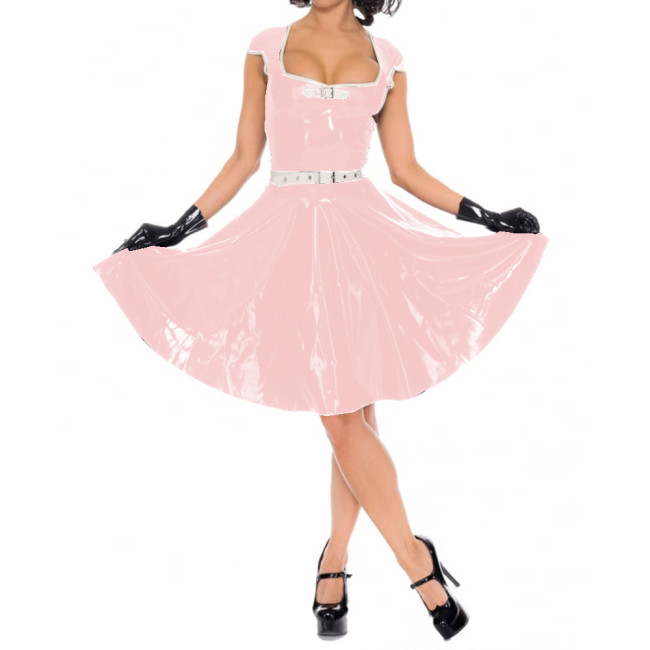 Women Short Sleeve Mini Dresses Sexy Wetlook PVC Leather Faux Latex Square Neck Pleated Dress Party Clubwear High Streetwear 7XL