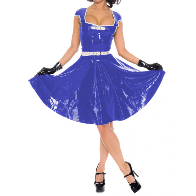 Women Short Sleeve Mini Dresses Sexy Wetlook PVC Leather Faux Latex Square Neck Pleated Dress Party Clubwear High Streetwear 7XL