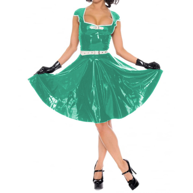 Women Short Sleeve Mini Dresses Sexy Wetlook PVC Leather Faux Latex Square Neck Pleated Dress Party Clubwear High Streetwear 7XL
