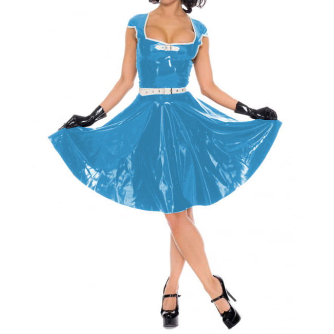 Women Short Sleeve Mini Dresses Sexy Wetlook PVC Leather Faux Latex Square Neck Pleated Dress Party Clubwear High Streetwear 7XL