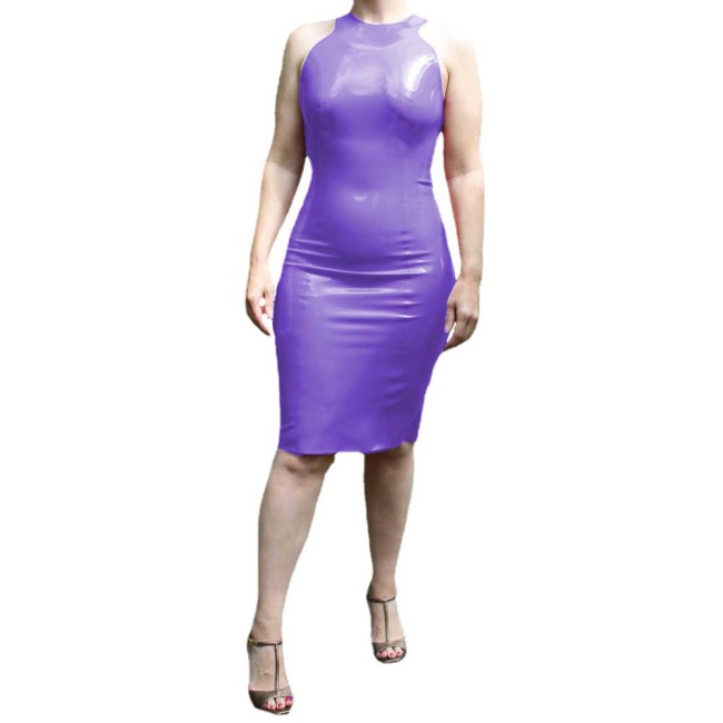 Elegant Wetlook PVC Leather Sexy Round Neck Sleevless Bodycon Dress Sheath Back Zipper Dress Party Clubwear High Street Outfits