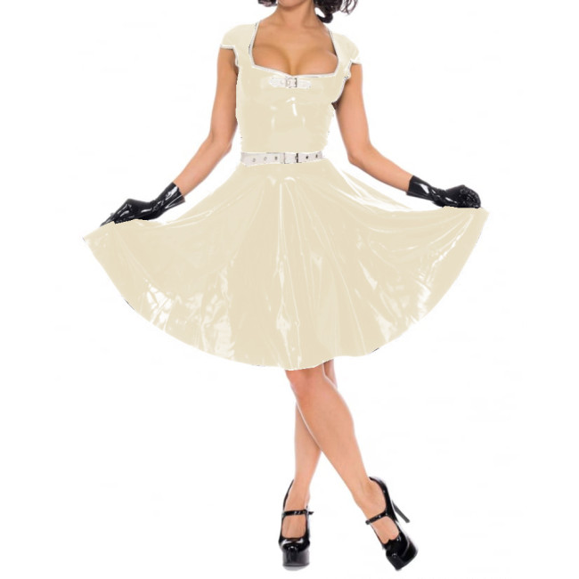 Women Short Sleeve Mini Dresses Sexy Wetlook PVC Leather Faux Latex Square Neck Pleated Dress Party Clubwear High Streetwear 7XL