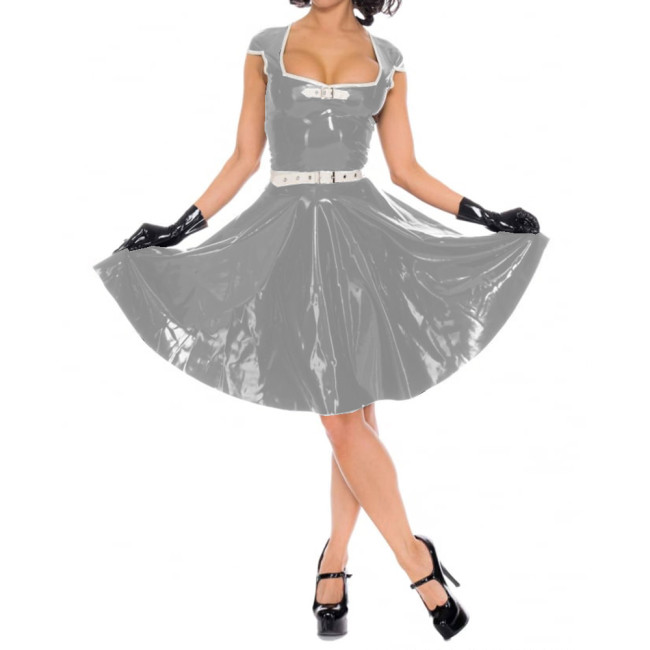 Women Short Sleeve Mini Dresses Sexy Wetlook PVC Leather Faux Latex Square Neck Pleated Dress Party Clubwear High Streetwear 7XL