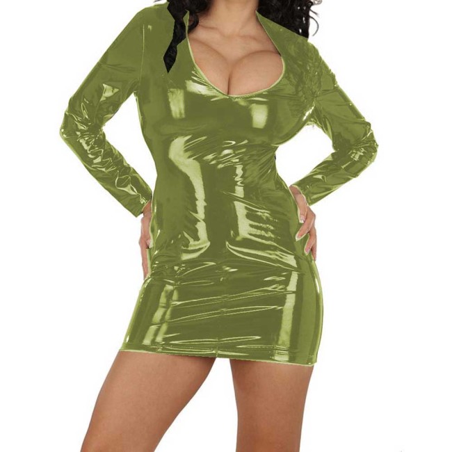 Wetlook PVC Leather Women Long Sleeve Skinny Mini Dresses Sexy Faux Latex Scoop Neck Pencil Dress Party Club High Street S-7XL