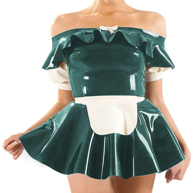 Sissy Cosplay Maid Dress Fashionable Shoulder One Word Collar Shiny PVC Mini Pleated Dress with Apron Evening Party Club Wear