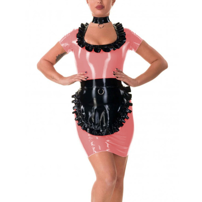 Sexy Black Ruffles U Neck PVC Shiny Maid Pencil Dress with Apron Neck Ring Sissy Short Sleeve Exotic Maid Uniforms Party Cosplay Outfits