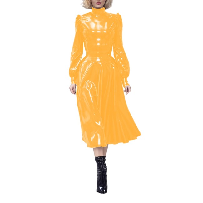Vinyl PVC Leather Women Dress High Waist Elegant Solid Color Midi Dress Fashion High Collar Long Puff Sleeve A Line Dress Female