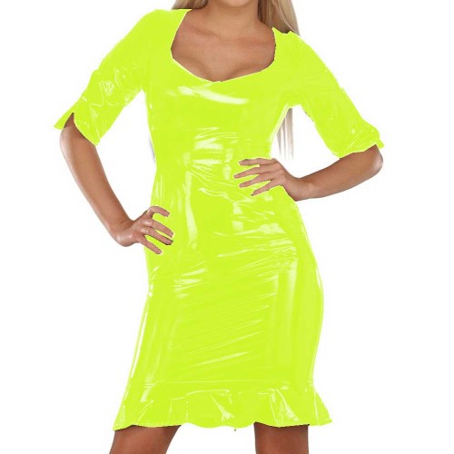 Sexy Half Sleeve Glossy PVC Bodycon Knee-length Dress Scoop Neck Ruched Hem Sheath Mini Dress Party Club Streetwear High Street