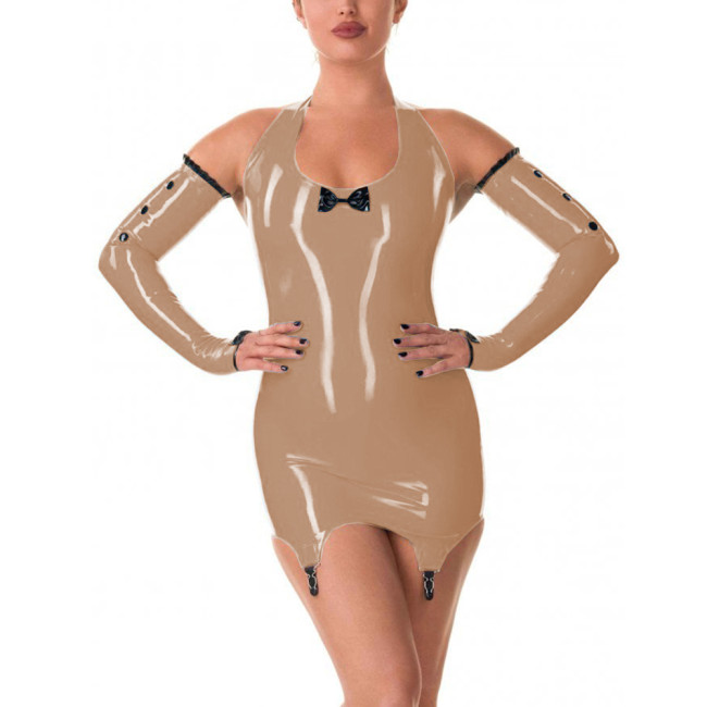 Women Sexy Halter Sleeveless Patent PVC Leather Bodycon Dress with Garter Clips Gloves Exotic Lingerie Mini Dress Party Clubwear