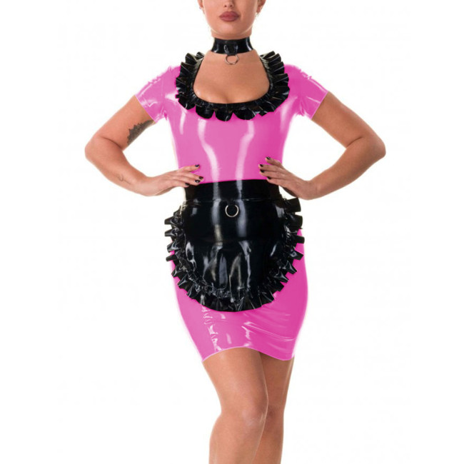 Sexy Black Ruffles U Neck PVC Shiny Maid Pencil Dress with Apron Neck Ring Sissy Short Sleeve Exotic Maid Uniforms Party Cosplay Outfits