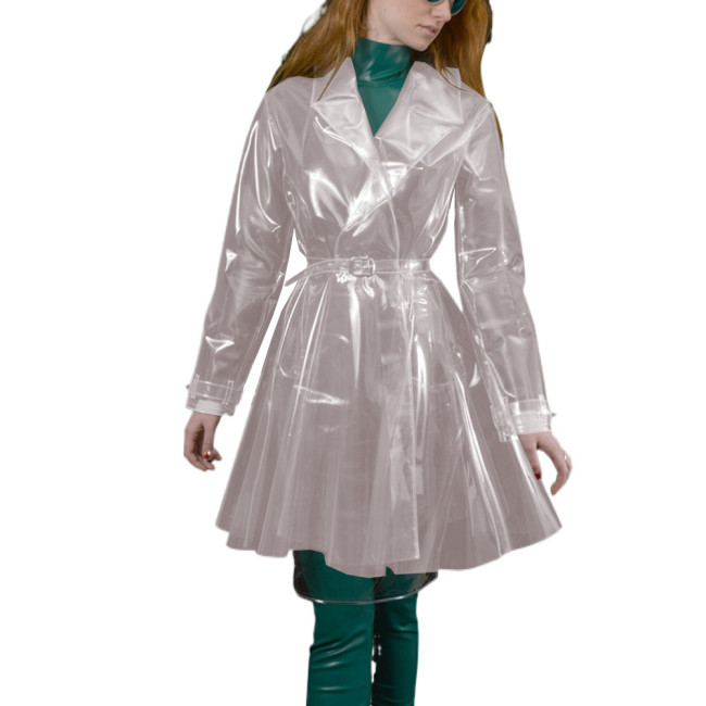 Fashion Fetish Plastic Trench Coat for Women Clear PVC Lapel Neck Long Sleeve Long Coats Outerwear Belted Jacket Vinyl Raincoat