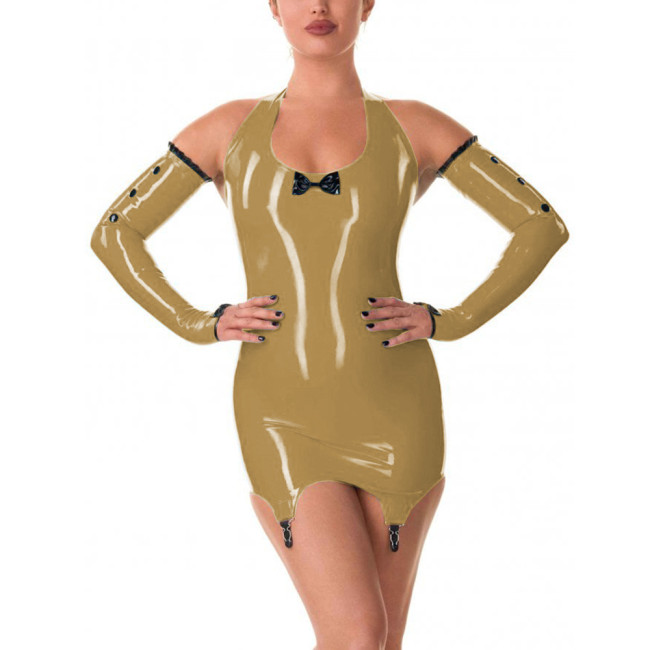 Women Sexy Halter Sleeveless Patent PVC Leather Bodycon Dress with Garter Clips Gloves Exotic Lingerie Mini Dress Party Clubwear