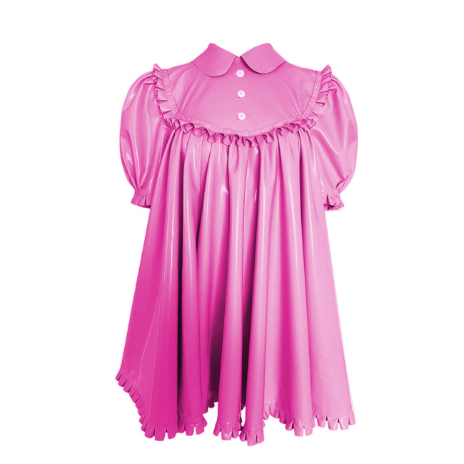 Female Ruffles A-line Pleated Dress Glossy PVC Leather Doll Neck Short Puff Sleeve Dress Sissy Raves Party Fancy Princess Dress