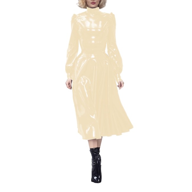 Vinyl PVC Leather Women Dress High Waist Elegant Solid Color Midi Dress Fashion High Collar Long Puff Sleeve A Line Dress Female