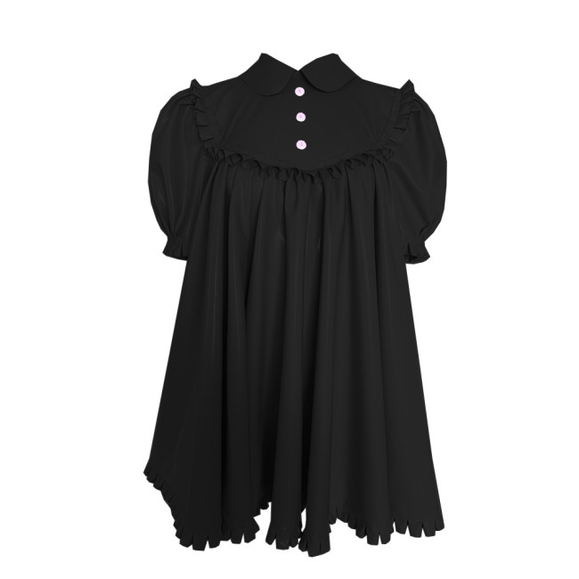 Female Ruffles A-line Pleated Dress Glossy PVC Leather Doll Neck Short Puff Sleeve Dress Sissy Raves Party Fancy Princess Dress