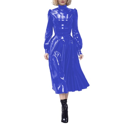 Vinyl PVC Leather Women Dress High Waist Elegant Solid Color Midi Dress Fashion High Collar Long Puff Sleeve A Line Dress Female