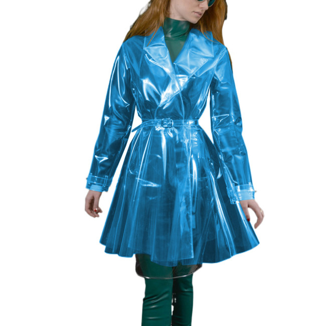 Fashion Fetish Plastic Trench Coat for Women Clear PVC Lapel Neck Long Sleeve Long Coats Outerwear Belted Jacket Vinyl Raincoat