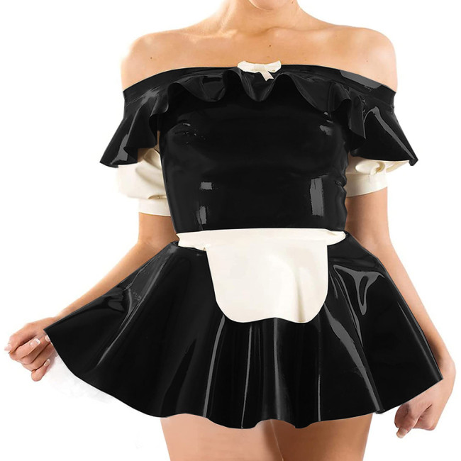 Sissy Cosplay Maid Dress Fashionable Shoulder One Word Collar Shiny PVC Mini Pleated Dress with Apron Evening Party Club Wear