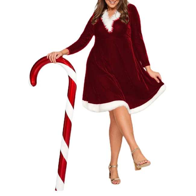 Shiny Patchwork Women Long Sleeve Dress With Hat Sexy Ladies Velvet Christmas Mini Dress Fancy Santa Claus Costume XMAS Party