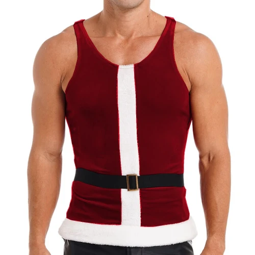 Shiny Men's Tops Patchwork White Velvet Tank Tops Santa Claus Costume XMAS Party Club Sexy T-Shirts Christmas Men Clothing S-7XL