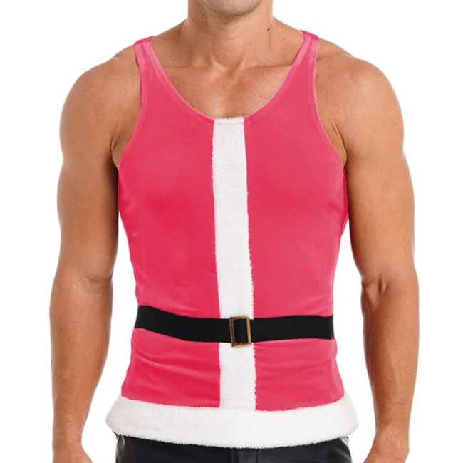 Shiny Men's Tops Patchwork White Velvet Tank Tops Santa Claus Costume XMAS Party Club Sexy T-Shirts Christmas Men Clothing S-7XL