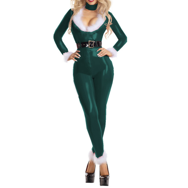 Women Sexy Wetlook PVC Partchwork White Velvet Deep V Neck Jumpsuits Overall One-pieces Faux Latex Catsuits Party Christmas Club