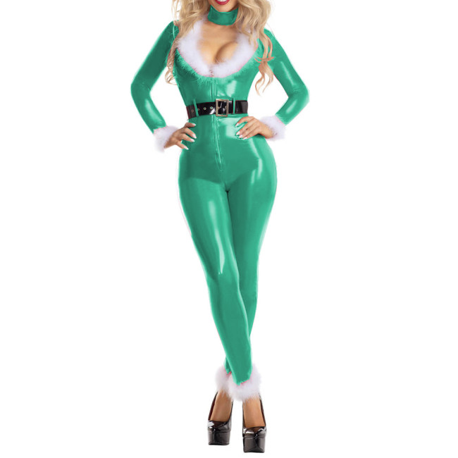 Women Sexy Wetlook PVC Partchwork White Velvet Deep V Neck Jumpsuits Overall One-pieces Faux Latex Catsuits Party Christmas Club