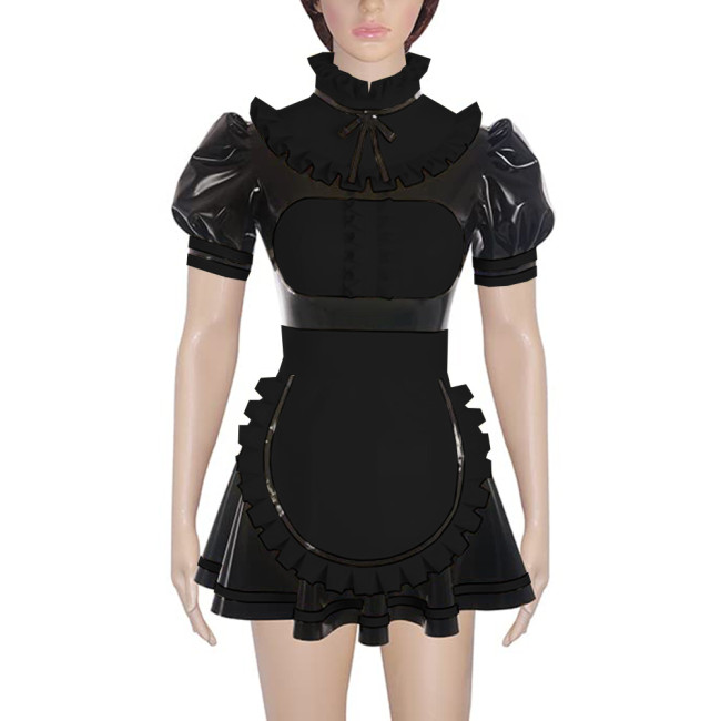 Party Cosplay Ruffles High Neck PVC Shiny A-line Maid Dress with Apron Wetlook Fetish Patchwork Puff Short Sleeve Maid Uniforms