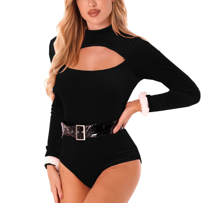 Female Sexy Hollow Out Velvet Bodysuit Sissy Christmas Cosplay Fancy Rompers Mock Neck Long Sleeve Party Belt Bodysuit Clubwear