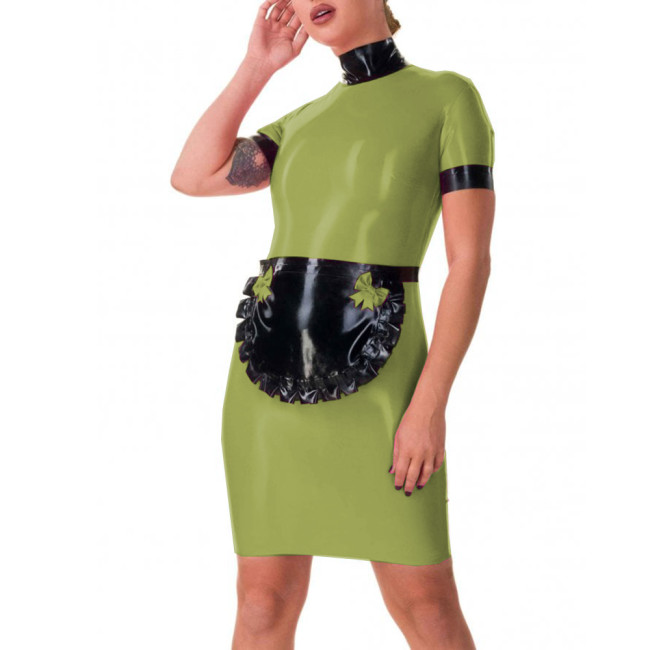 Turtleneck Wetlook PVC Leather Short Sleeve Bodycon Maid Dress with Apron Sissy Cosplay Fancy Maid Uniforms Exotic Party Outfits