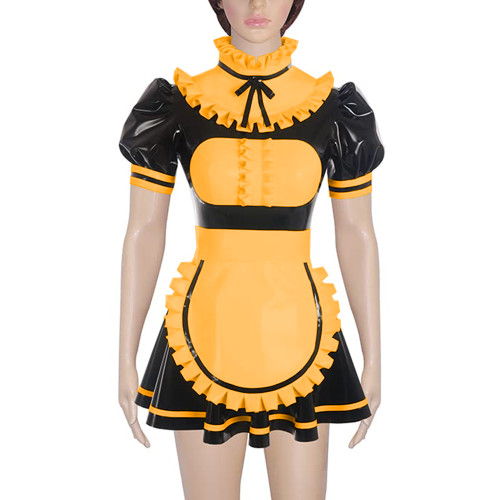 Party Cosplay Ruffles High Neck PVC Shiny A-line Maid Dress with Apron Wetlook Fetish Patchwork Puff Short Sleeve Maid Uniforms