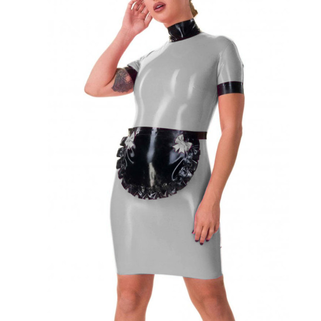 Turtleneck Wetlook PVC Leather Short Sleeve Bodycon Maid Dress with Apron Sissy Cosplay Fancy Maid Uniforms Exotic Party Outfits