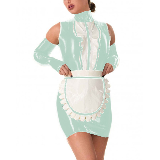 Sissy Bodycon Ruffles Shiny PVC Leather Maid Uniforms Exotic Vinyl Sleeveless Apron Maid Dress Party Cosplay Fancy Maid Costume