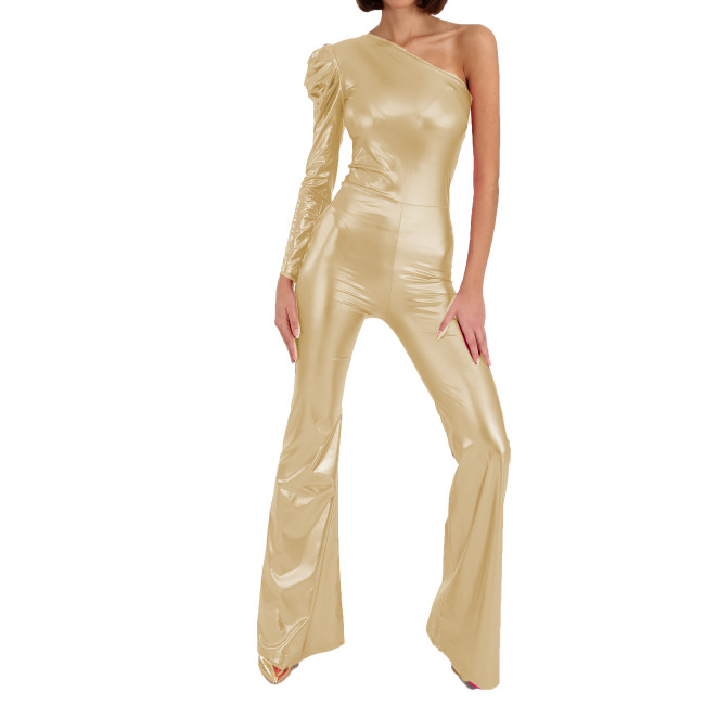 Sexy Metallic Fuax Leather Flare Pants Bodysuit Rompers Single Shoulder Full Sleeve Long Pants Catsuits Slim Jumpsuits Party 7XL