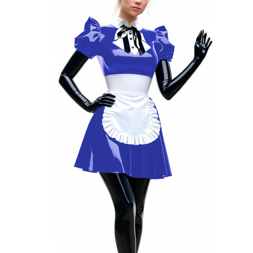 Elegant Turn-down Collar Short Puff Sleeve A-line Maid Dress with Apron Sissy Sexy PVC Shiny Maid Unifroms Cosplay Waitress 7XL