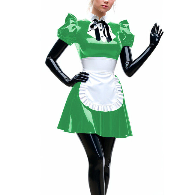 Elegant Turn-down Collar Short Puff Sleeve A-line Maid Dress with Apron Sissy Sexy PVC Shiny Maid Unifroms Cosplay Waitress 7XL