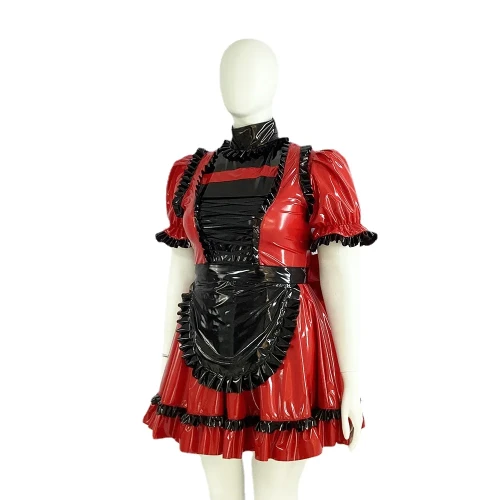 Anime Cosplay Plus Size Maid Uniforms Wetlook PVC Lolita Ruffle A-line Short Puff Sleeve Dress Role-Playing Halloween Uniform
