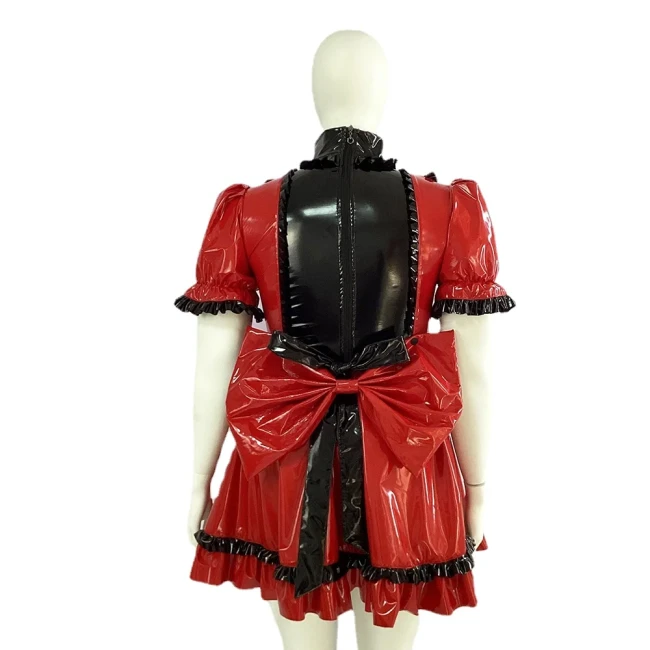 Anime Cosplay Plus Size Maid Uniforms Wetlook PVC Lolita Ruffle A-line Short Puff Sleeve Dress Role-Playing Halloween Uniform