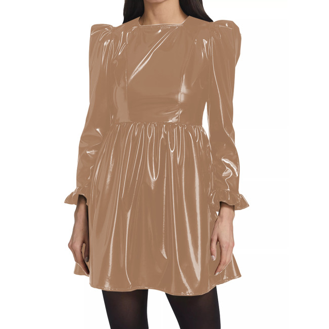 Women's Office Smoothing PVC Leather Empire Waist Pleated Mini Dress Lady Slim Puff Long Sleeve Square Neck A-line Dress Fetish