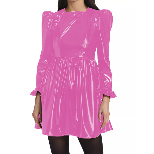 Women's Office Smoothing PVC Leather Empire Waist Pleated Mini Dress Lady Slim Puff Long Sleeve Square Neck A-line Dress Fetish